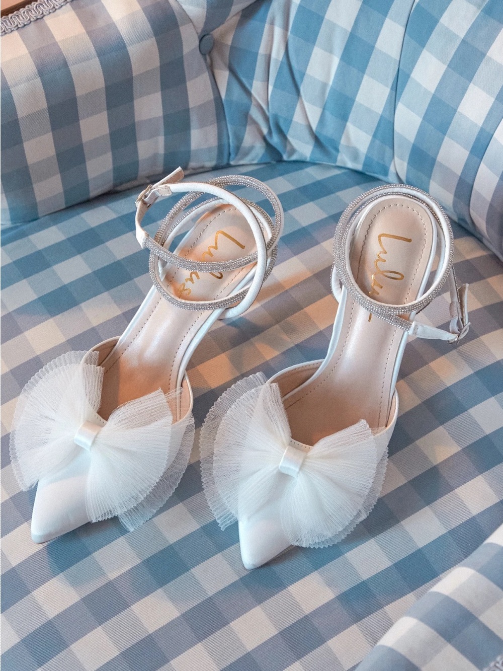 Lulus Lelanee White Satin Rhinestone Bow Ankle Strap Pumps
